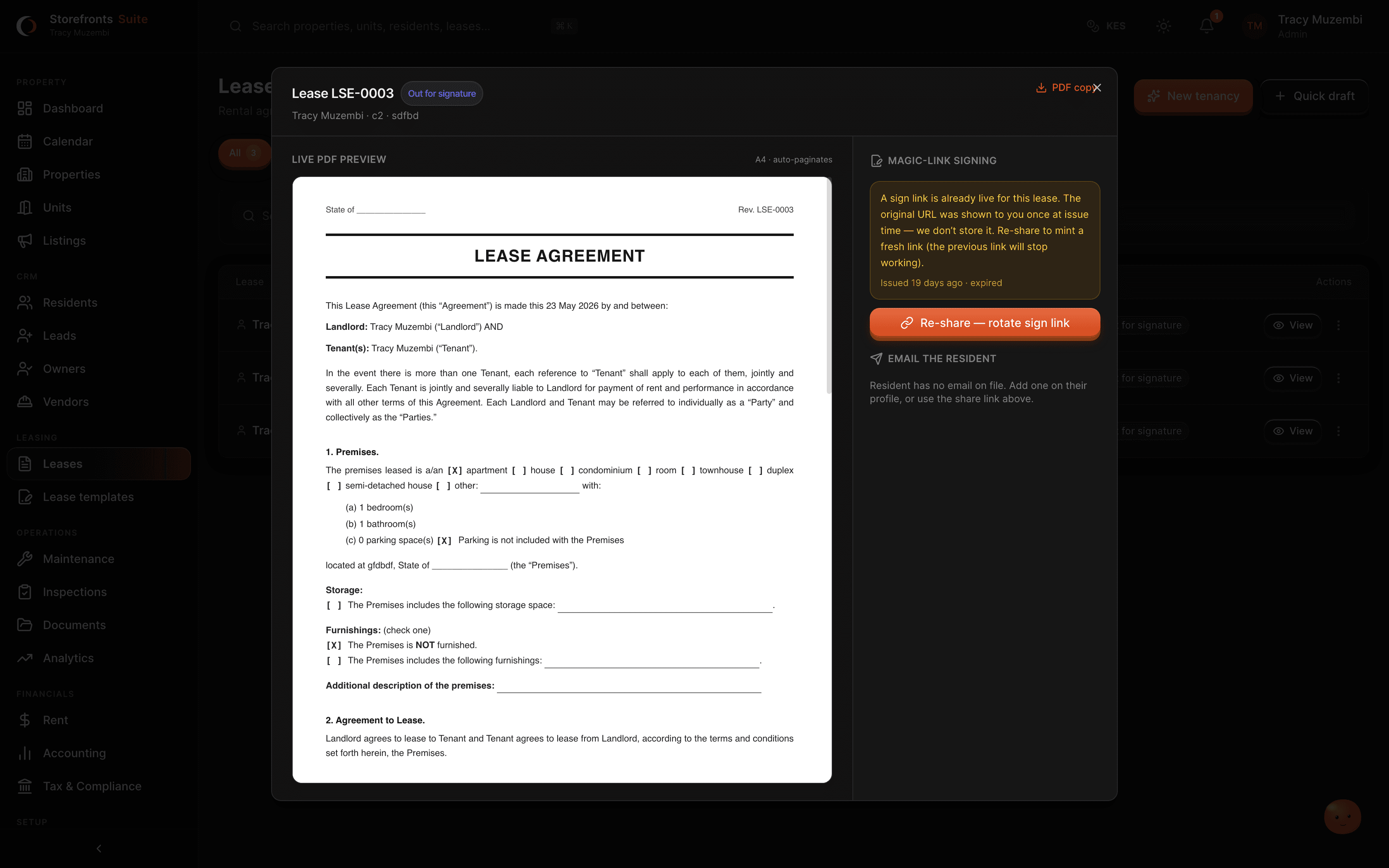 Storefronts property management — lease agreement with e-sign