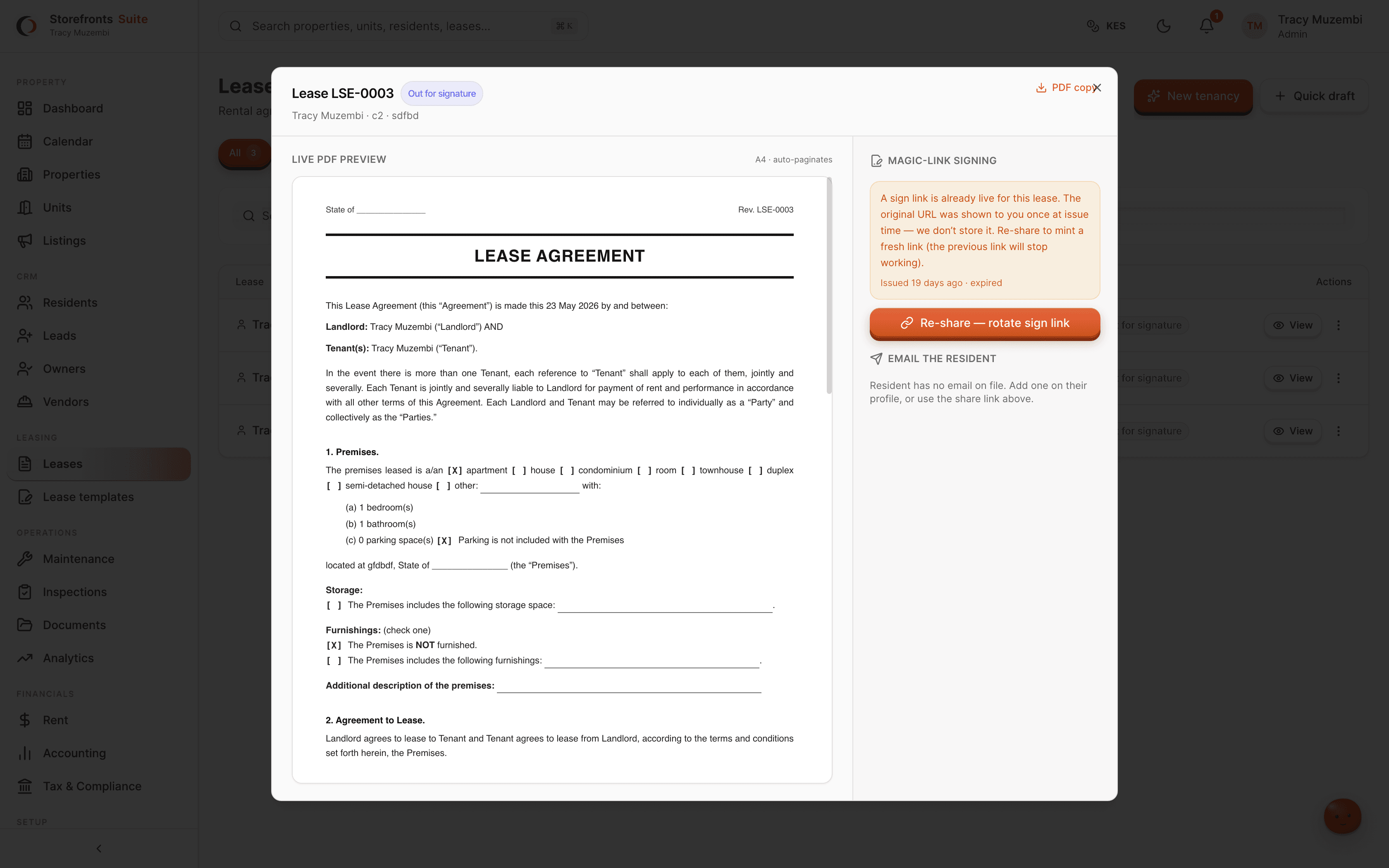 Storefronts property management — lease agreement with e-sign